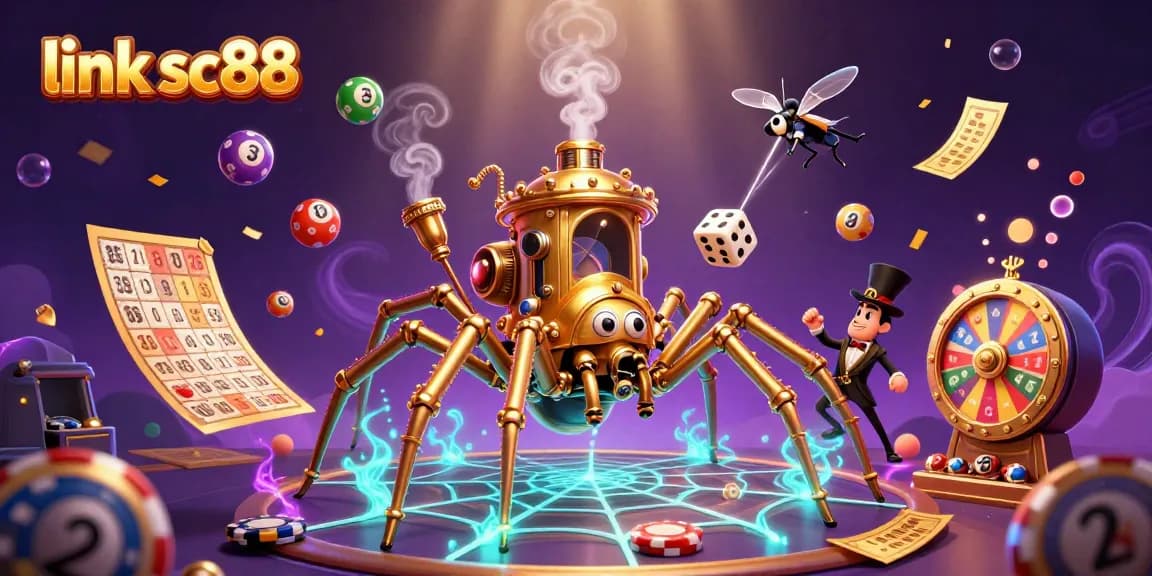 Engage with exciting games at link sc88, featuring dynamic lottery balls and a steampunk spider.