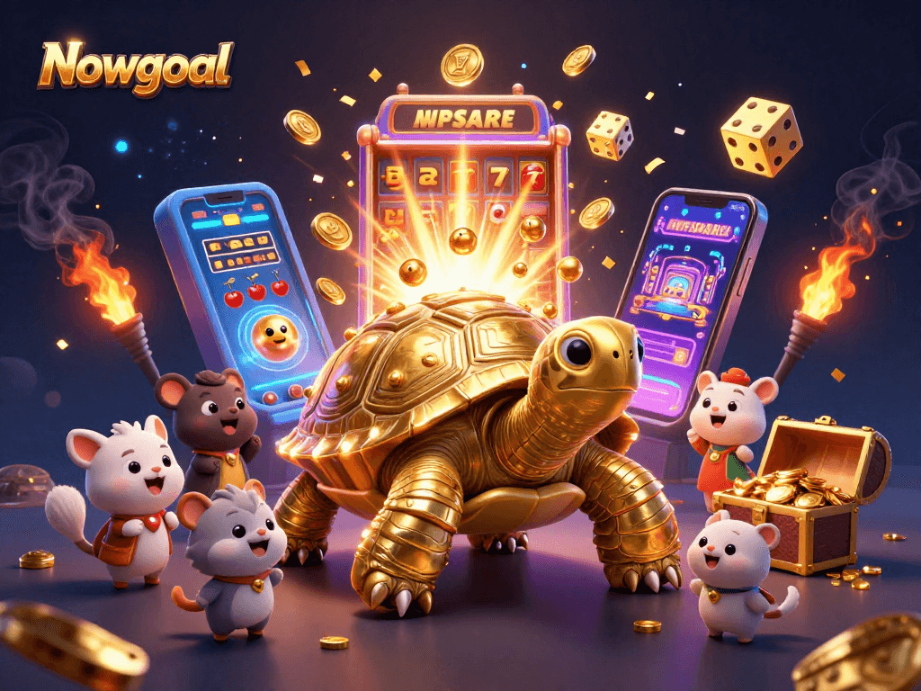 Spin the reels and win big with Nowgoal's exciting 3D casino experience featuring golden tortoise and slot machine.
