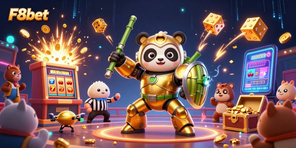 Experience F8bet's vibrant gaming arena with a golden panda battling for jackpots amidst colorful casino elements.