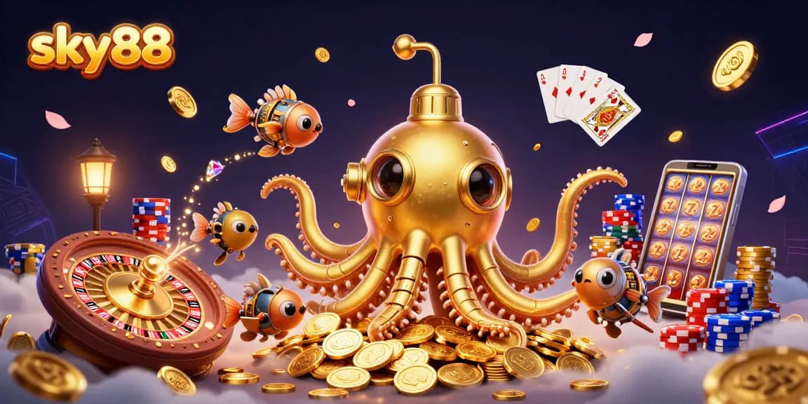 Engage with sky88's vibrant casino gaming scene featuring a golden kraken and dazzling games.