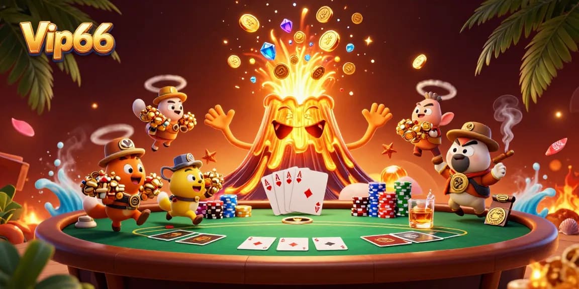 Win big with Vip66 as the golden volcano erupts treasures in this thrilling casino illustration.