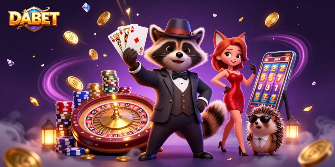 DABET offers an exciting gaming experience with vibrant characters in a dynamic casino scene.