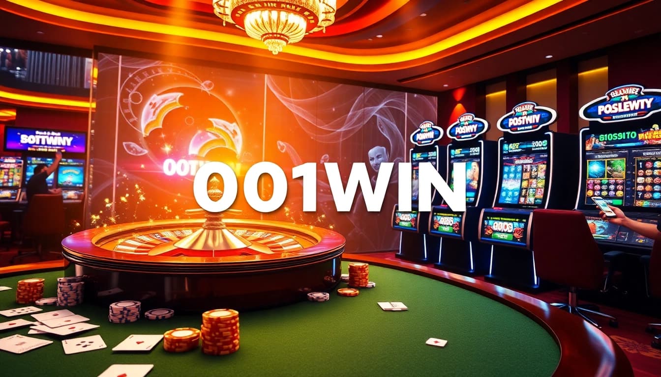 Vivencie a emoção das apostas online com a 001WIN, apresentando uma cena de cassino vibrante com fichas de poker e roleta.
