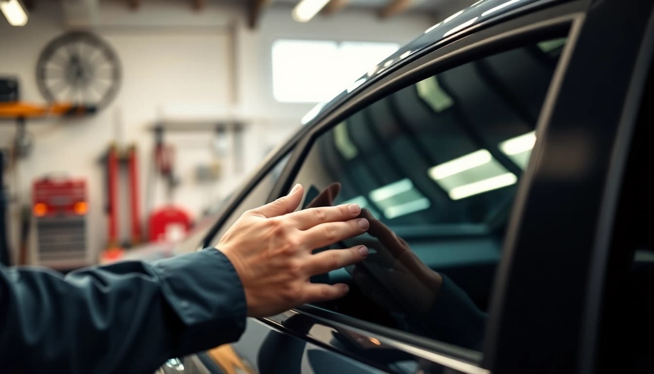 Applying window tint near me by a technician in a well-lit garage.