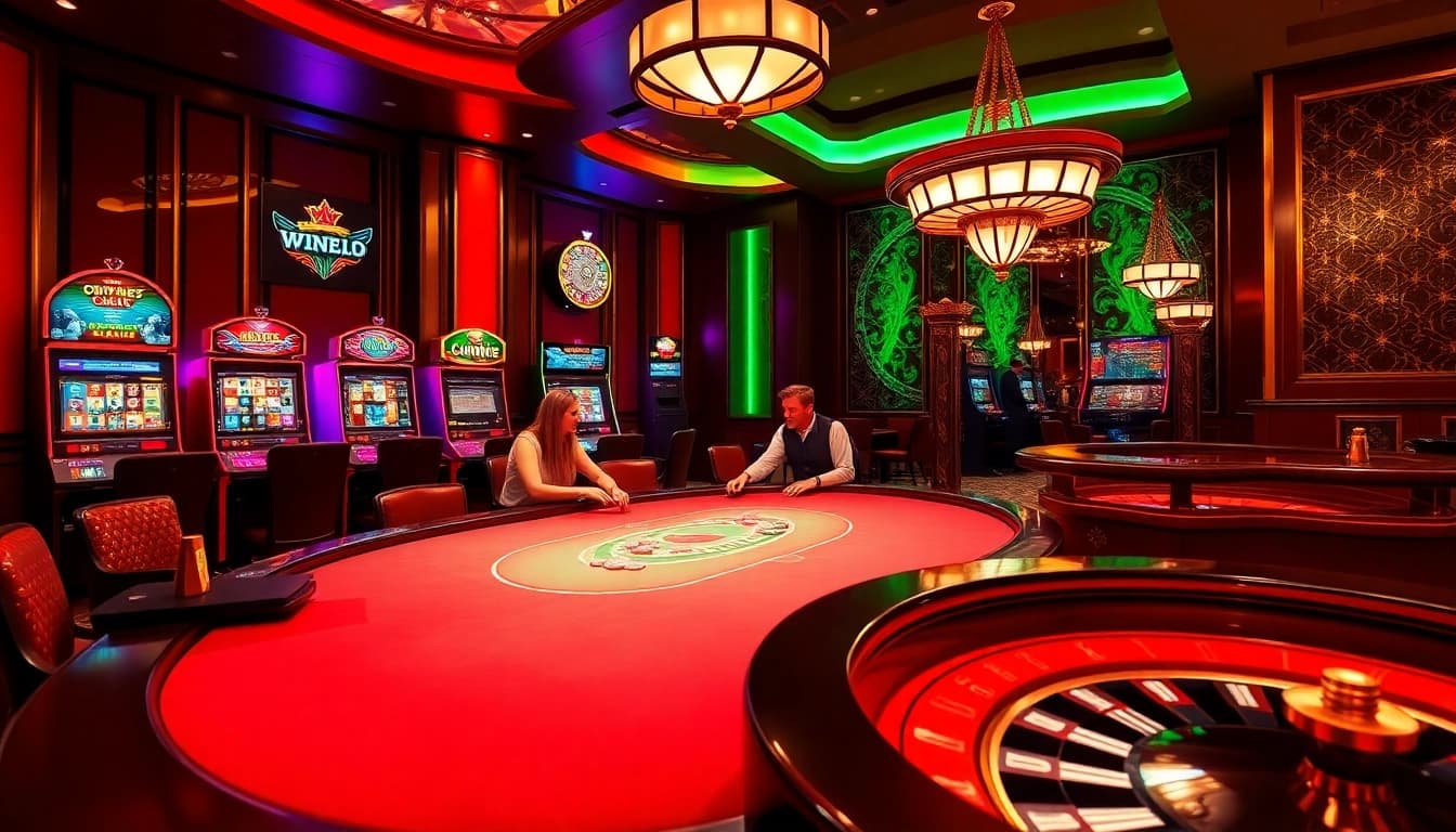 Experience the thrilling ambiance of 7m casinos with engaged players at a poker table surrounded by vibrant slot machines.