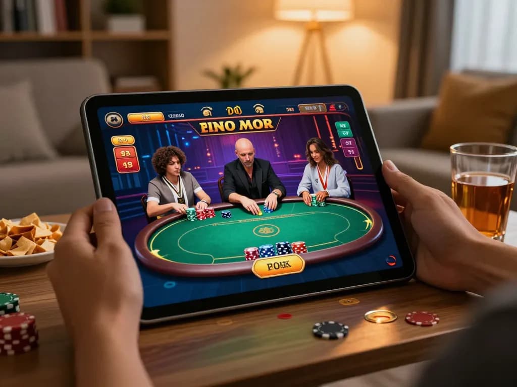 Player engaging in online casino gaming on lc88 tablet with chips and cards visible