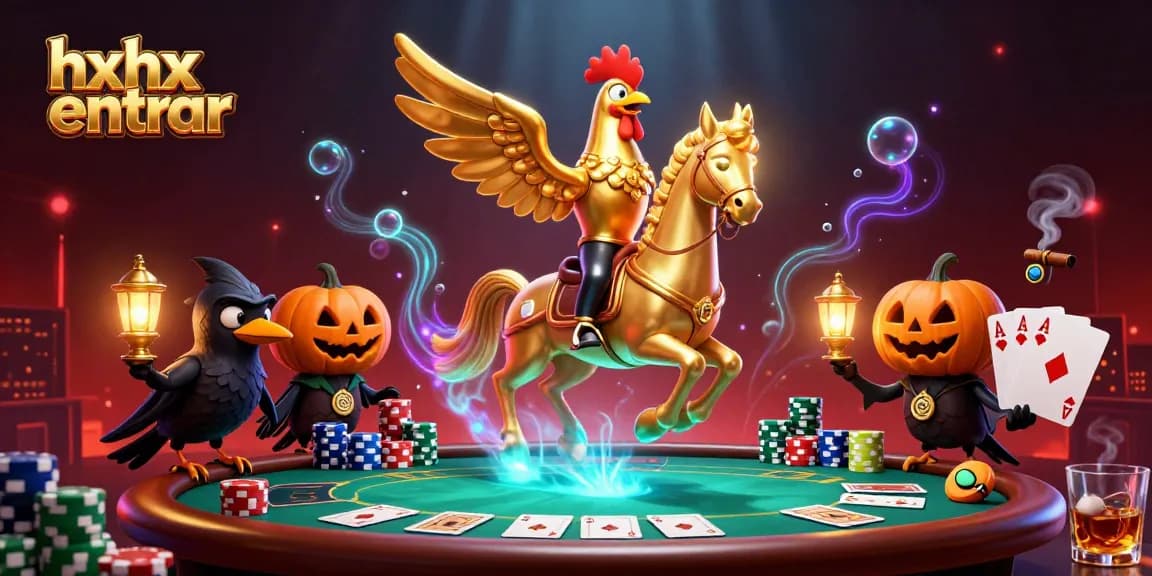 Jogando no Hxhx entrar, uma ilustração apresentando um cassino animado com peças de poker e um galo dourado.