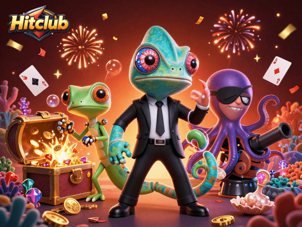 Hitclub scene featuring a colorful underwater treasure explosion and lively casino elements for gamblers.