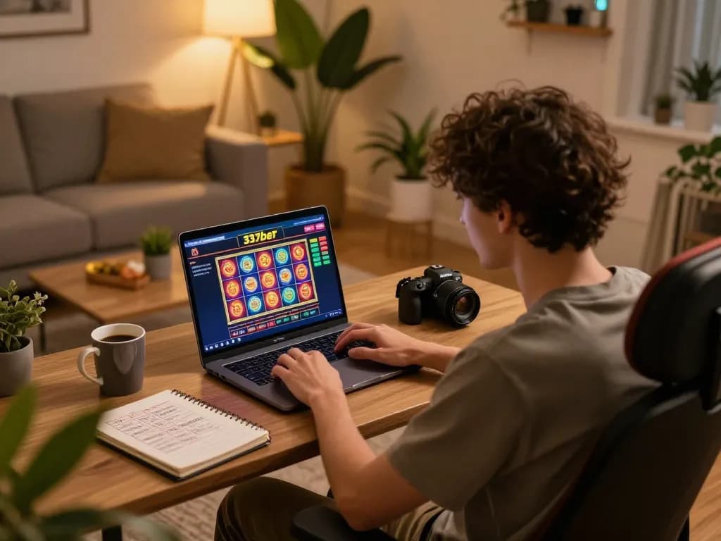 Pessoa envolvida com o cassino online 337bet no laptop, mostrando uma atmosfera aconchegante de jogo em casa.