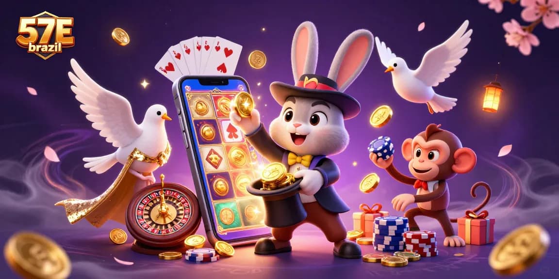 Experience thrilling gaming with 57E brazil as a cartoon magician pulls golden coins and poker chips.
