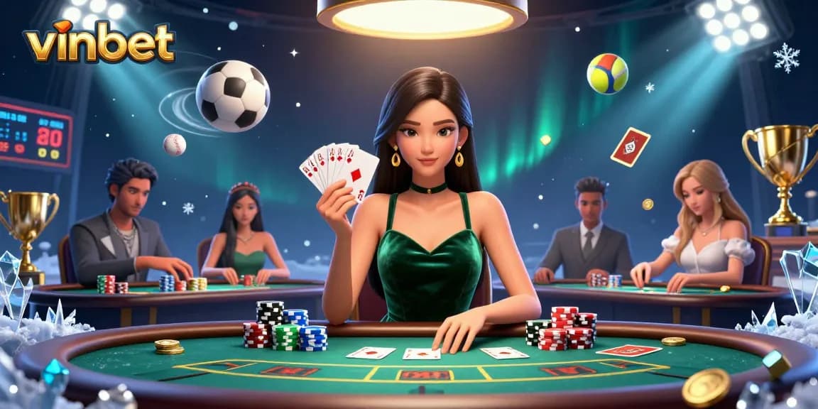 Engage with vinbet's thrilling poker experience featuring an elegant dealer at a luxury gaming table.