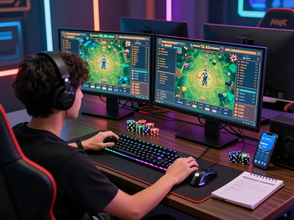 Engaging Tài Xỉu MD5 gameplay scene with player at modern gaming desk surrounded by LED lights and betting chips.