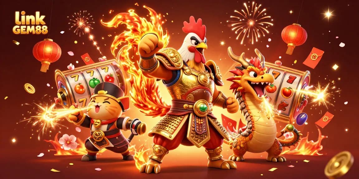 Experience the exciting world of link GEM88 with a vibrant casino adventure illustration featuring a samurai rooster and a dragon.