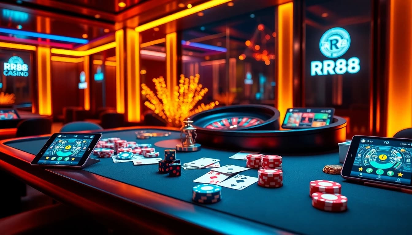 RR88 players engaging with online casino games at a vibrant, luxurious table setting.