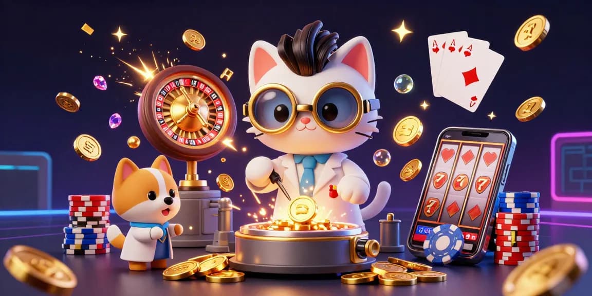 Experience the excitement of 3BET with vibrant casino activities featuring gold coins, spinning roulette, and celebratory characters.