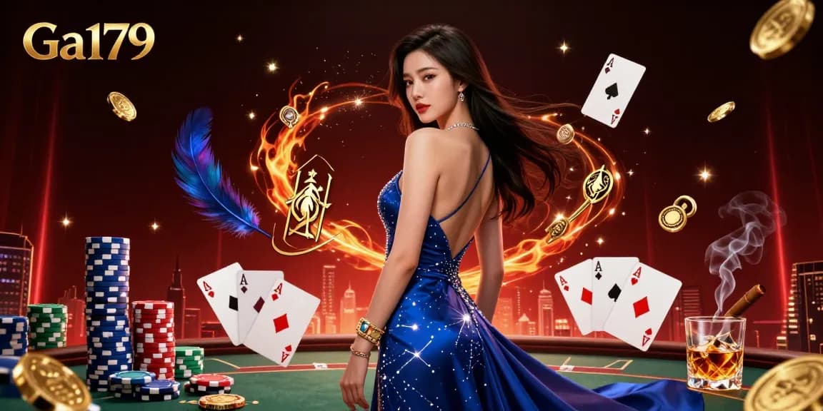 Experience the thrilling action at Ga179 with a stunning 3D illustration showcasing an elegant Asian woman surrounded by poker elements, creating a captivating casino atmosphere.