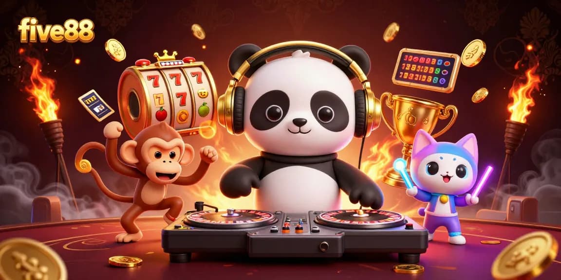 Spin the reels and win big with five88 in our vibrant casino scene featuring animated characters.