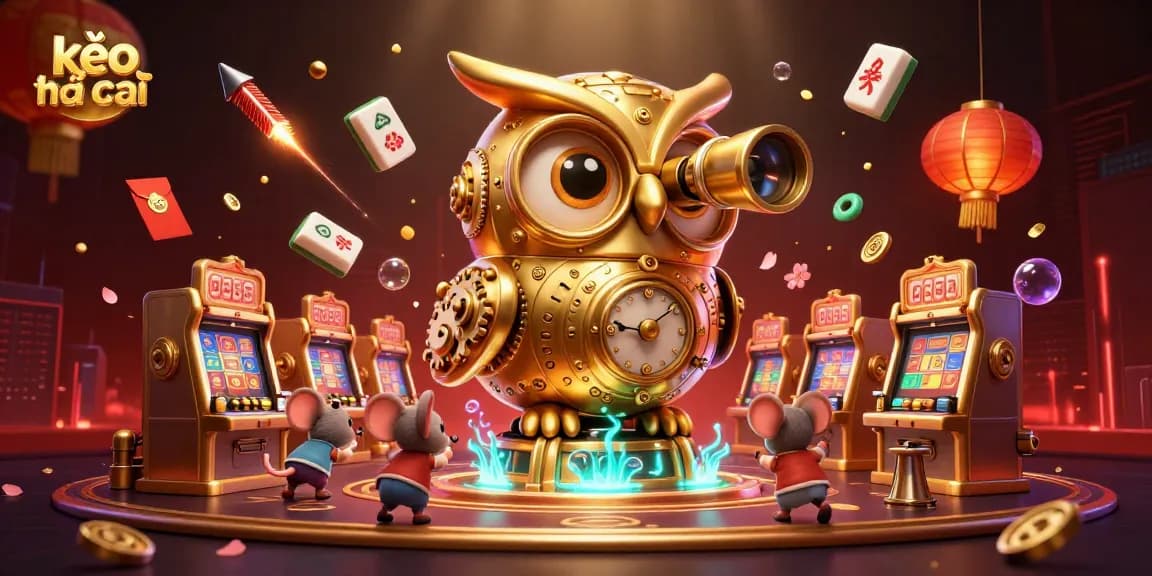 Join the adventure of kèo nhà cái as the golden owl surveys the casino landscape filled with vibrant gaming elements.