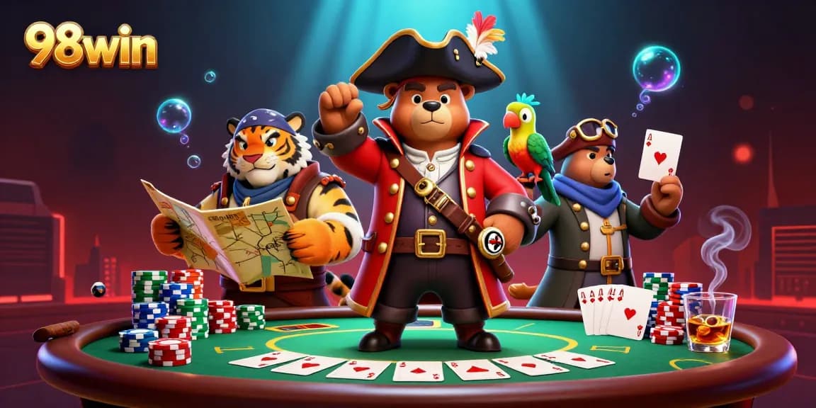 Experience the excitement of gambling with 98win at a vibrant poker table, featuring dynamic game elements.
