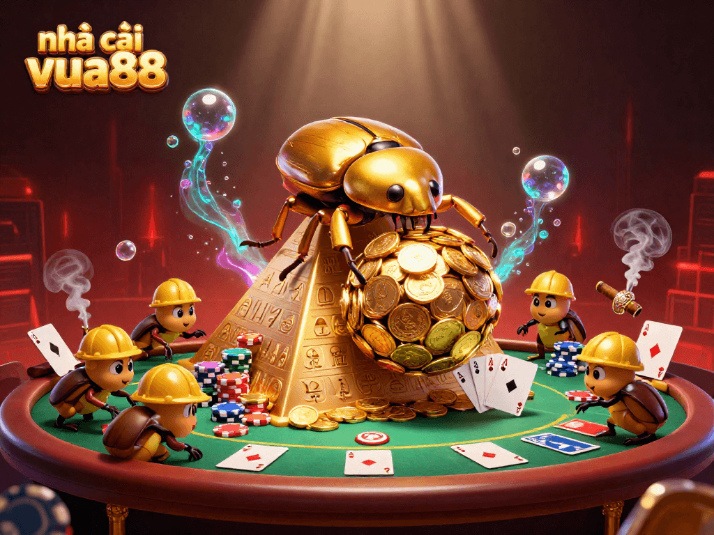 Engage with nhà cái vua88 through vibrant gaming action featuring golden beetles and poker elements.
