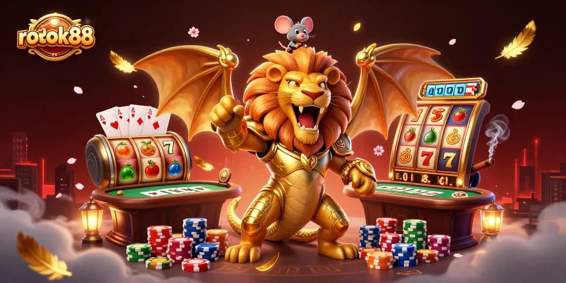 rokok88 showcases a roaring chimera adorned in golden armor atop a poker table, embodying rich slot gaming excitement.