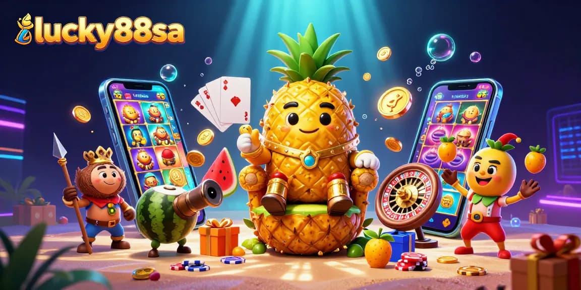 Experience the excitement with lucky88sa as the golden pineapple king rules over a vibrant casino scene.