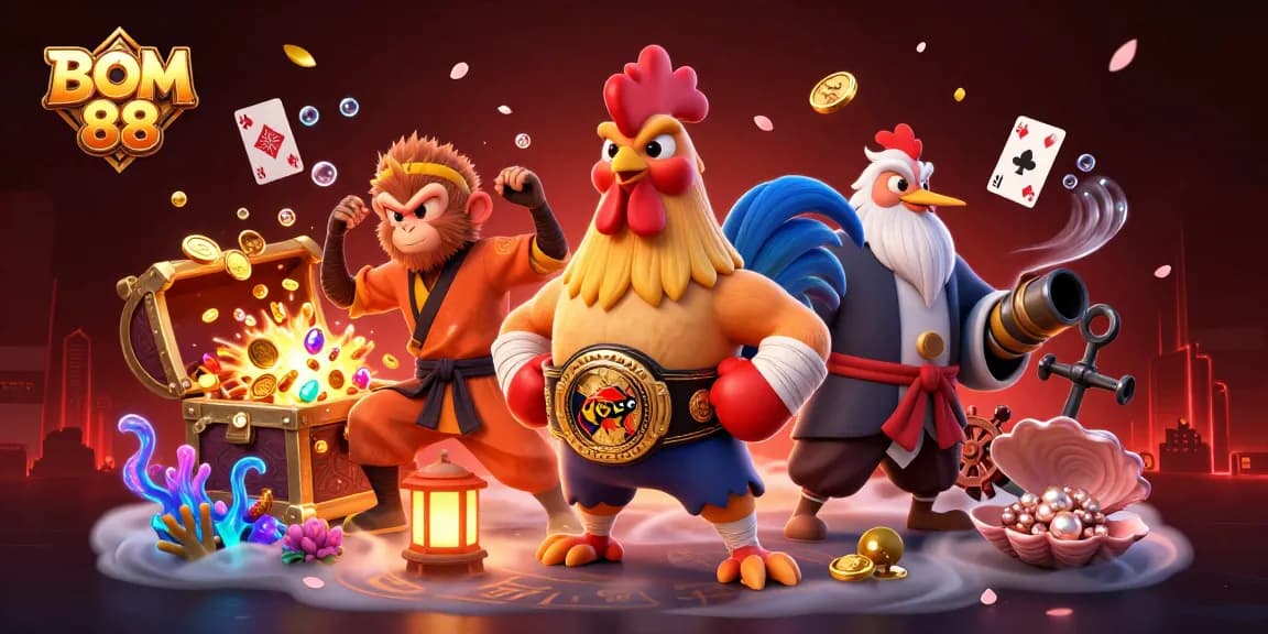 BOM 88 ignites excitement with vibrant 3D cartoon characters amidst gaming treasures and dynamic casino elements.