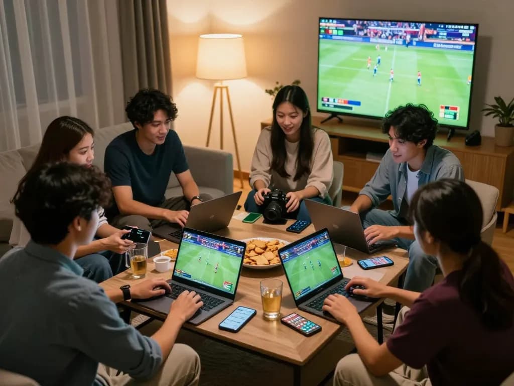 Friends engaging in soi kèo bóng đá while placing bets in a cozy home setup