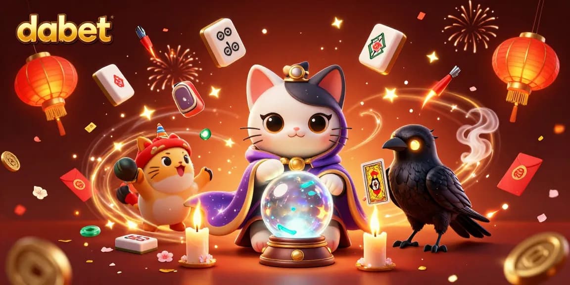dabet players reading fortunes with tarot and Mahjong tiles in a mystical casino setting