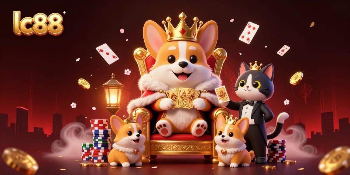Enter the exciting world of lc88 as royal corgis gamble in vibrant casino tableau filled with playing cards.