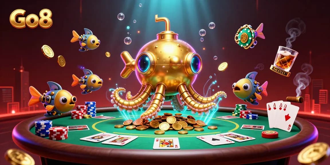 Engage with Go8's vibrant casino experience featuring a kraken, poker action, and golden treasures.