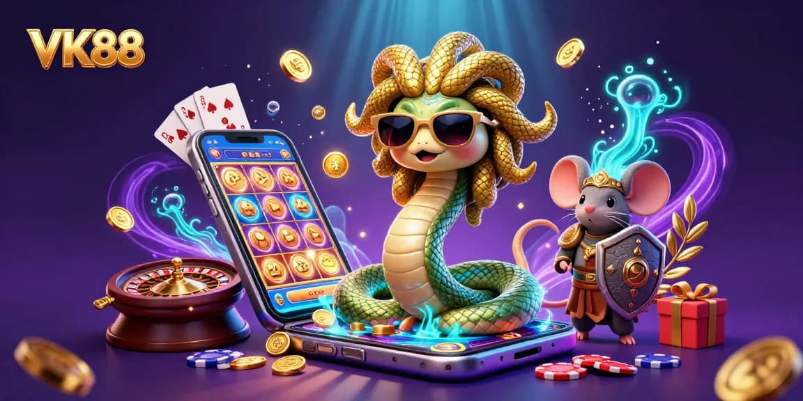 Engage with VK88's exhilarating casino games featuring Medusa and a warrior mouse amid thrilling slot reels and poker elements.