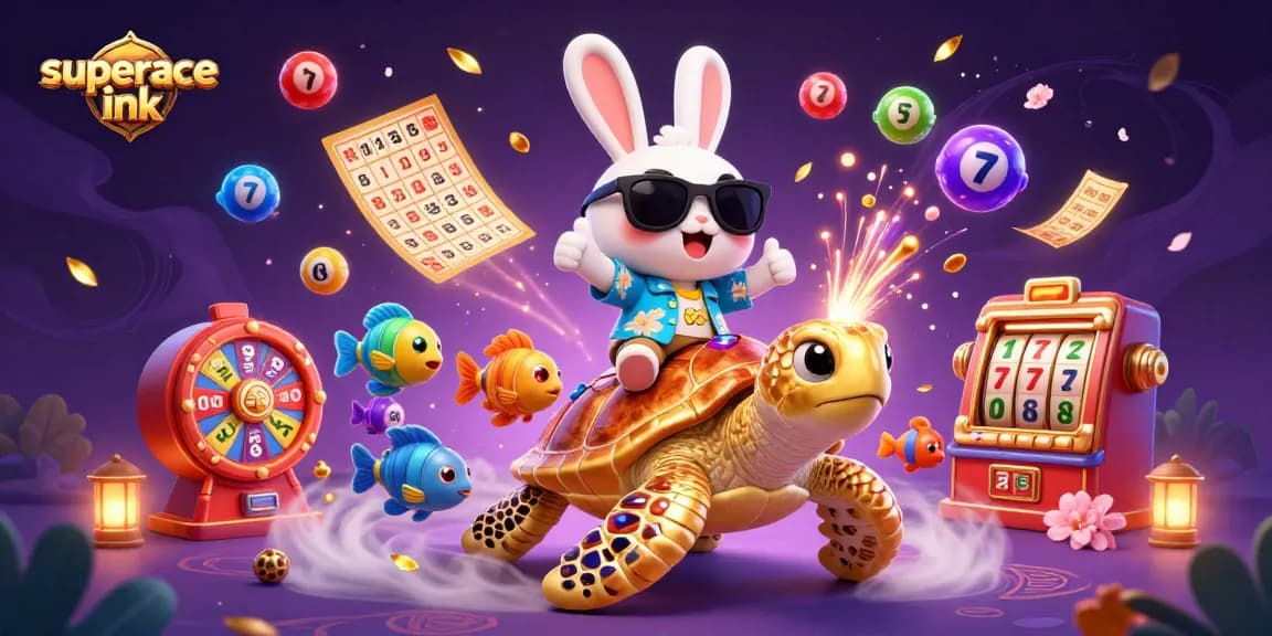 Engage with superace ink in an exciting 3D casino scene featuring a lucky rabbit and golden turtle.
