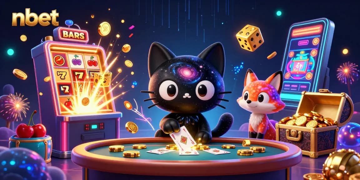 Engage with nbet's cosmic casino featuring a black hole cat and colorful gas fox.