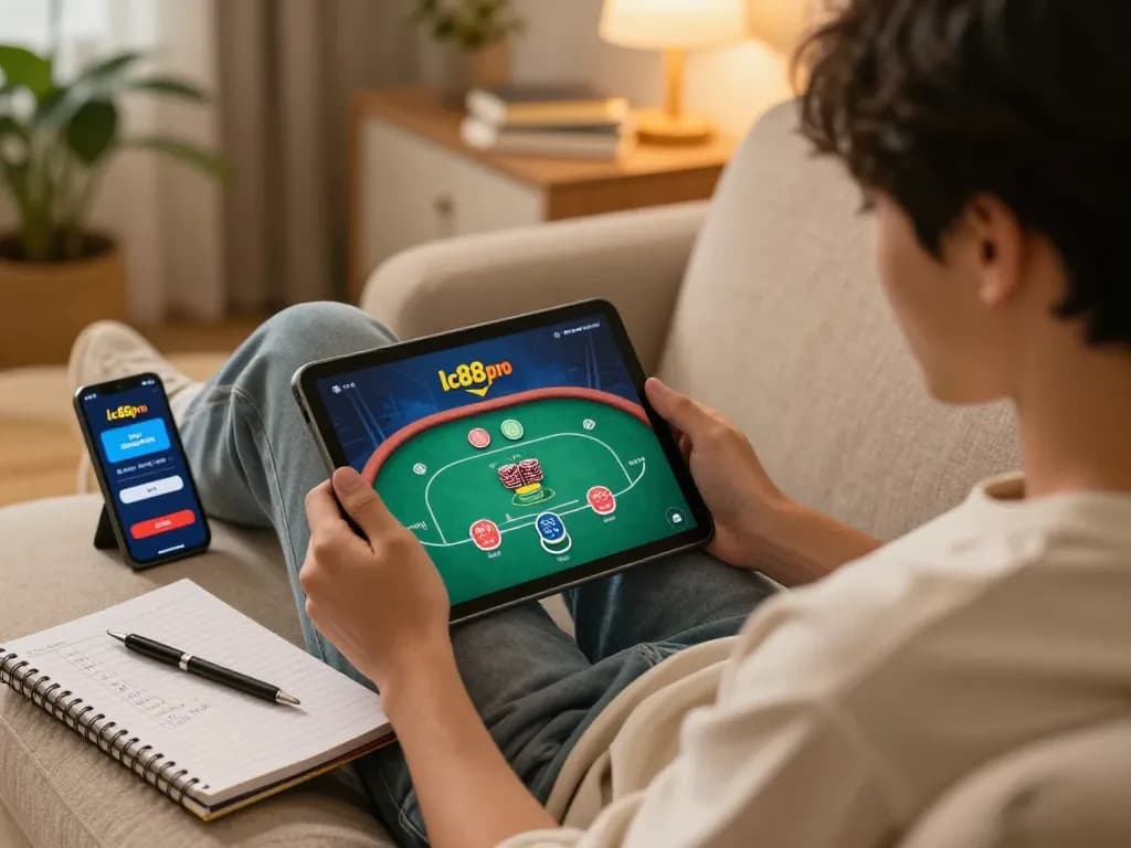 Player enjoying a poker game on lc88pro tablet in a cozy home setting with betting notes.