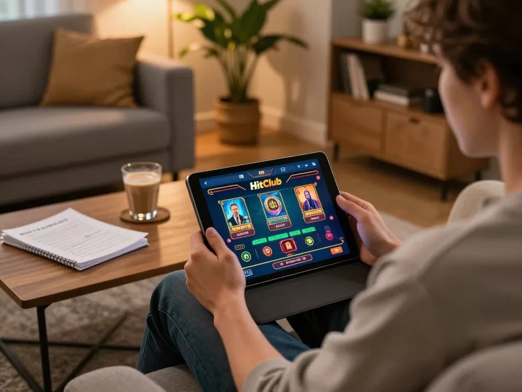 Person using the Hitclub app on a tablet for online casino gaming, conveying a relaxed home atmosphere.