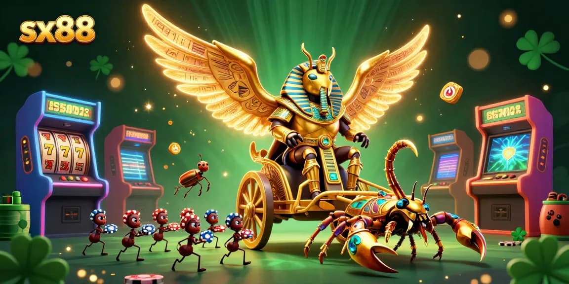 Sx88 spins colorful 3D slot reels with a colossal golden scarab beetle, scorpions, and poker chips.