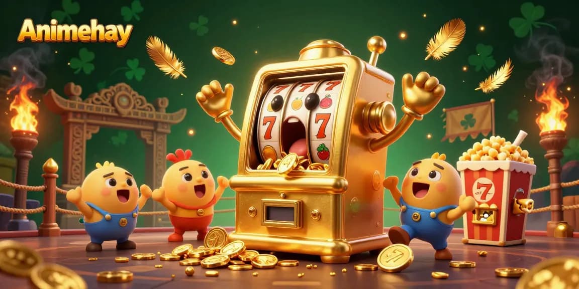 Animehay slot machine celebrates a jackpot with golden coins cascading, cheered by smaller machines.