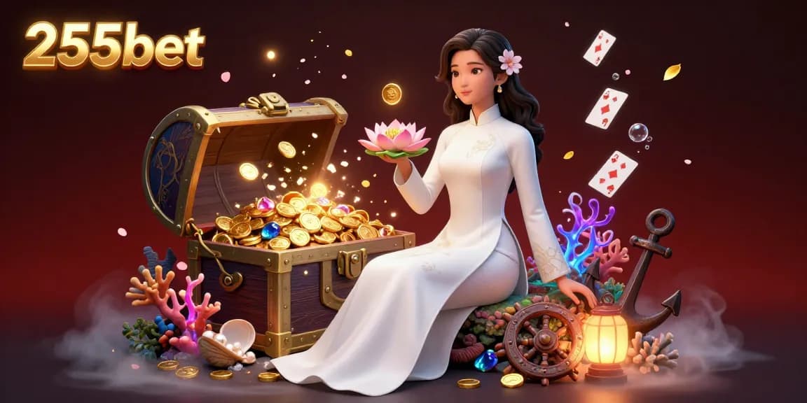 Experimente a emoção do 255bet com elementos vibrantes de cassino e uma mulher asiática serena em um design impressionante.