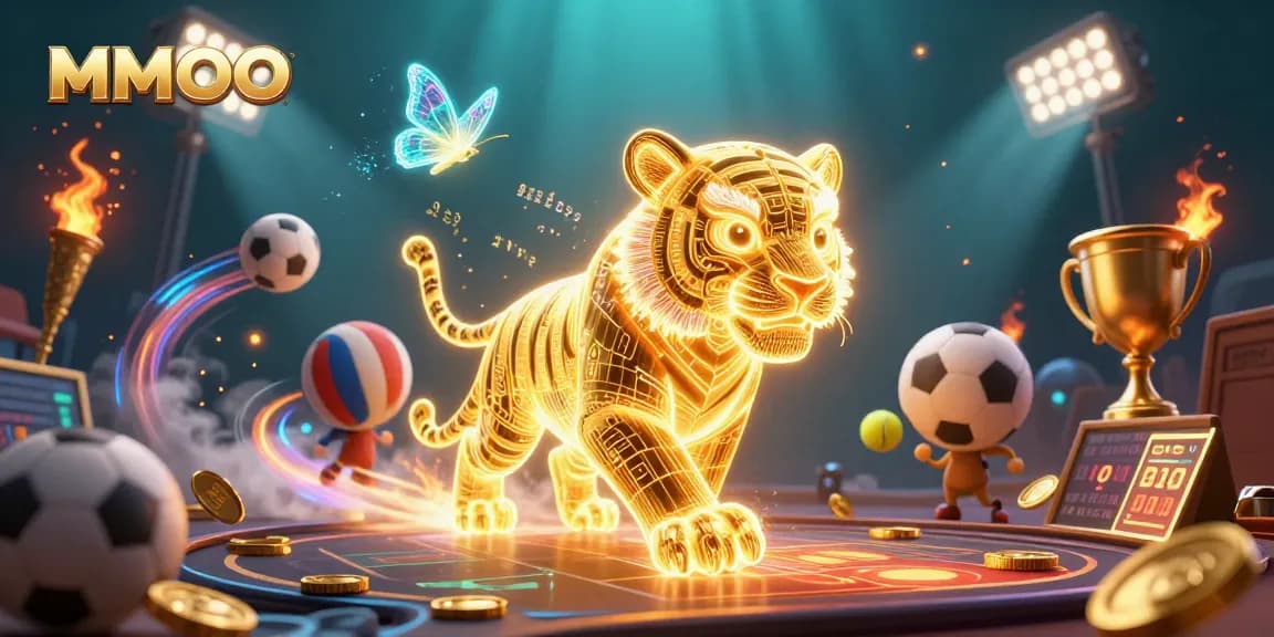 Experience thrilling gameplay at MMOO with an energetic neon tiger in a vibrant casino.