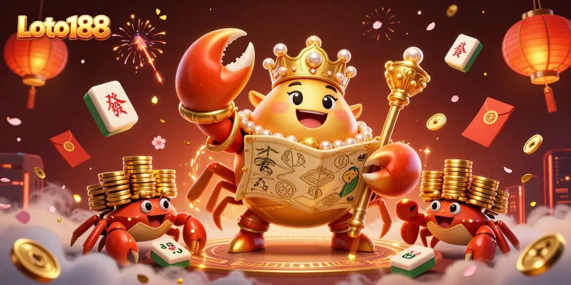 Loto188's vibrant golden crab emperor leads a treasure-filled gaming journey with ornate elements of luck.