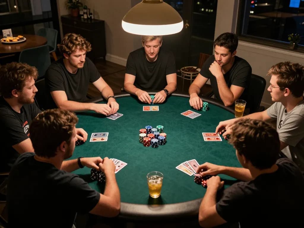 Friends enjoying a lively poker night at home, showcasing engagement and strategy with jogoluck.