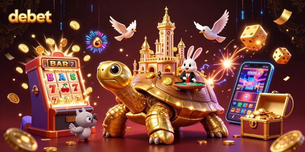 Experience debet with a vibrant scene of a tortoise casino, filled with excitement and coins flying around.