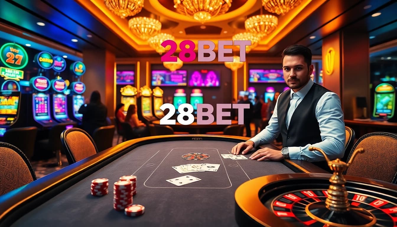 Experience thrilling casino games at 28BET with vibrant poker tables and exciting slot machines.