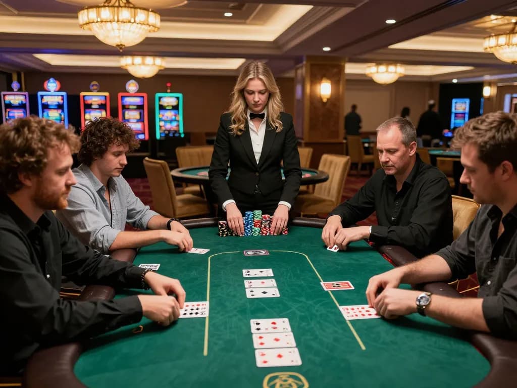 Players engaged in a poker match at a luxurious casino with the 7me app open for strategy.