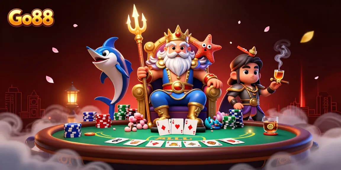 Engage with Go88’s thrilling casino experience featuring Neptune and a samurai amidst colorful poker elements.
