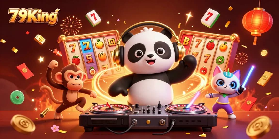 Engage with 79King's vibrant casino illustration, featuring a DJ panda, breakdancing monkey, and glowing kitten.