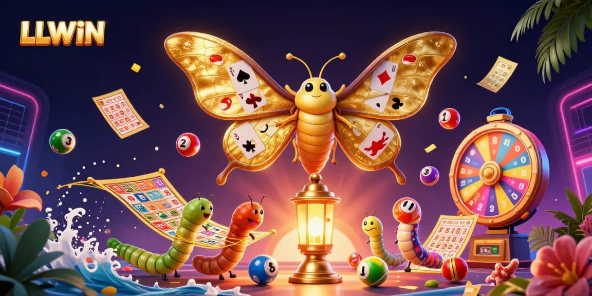 Experience thrilling gaming at LLWIN, with a vibrant 3D casino scene filled with lottery elements and golden moth motifs.