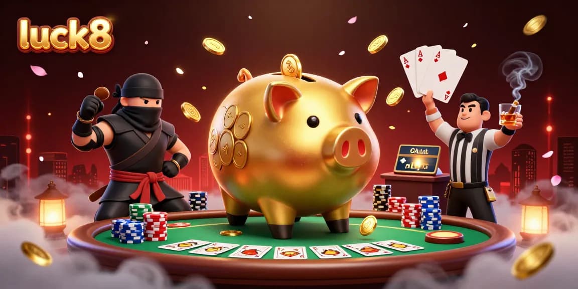 Engage with luck8's vibrant casino scene featuring dynamic characters, golden coins, and exciting poker elements.