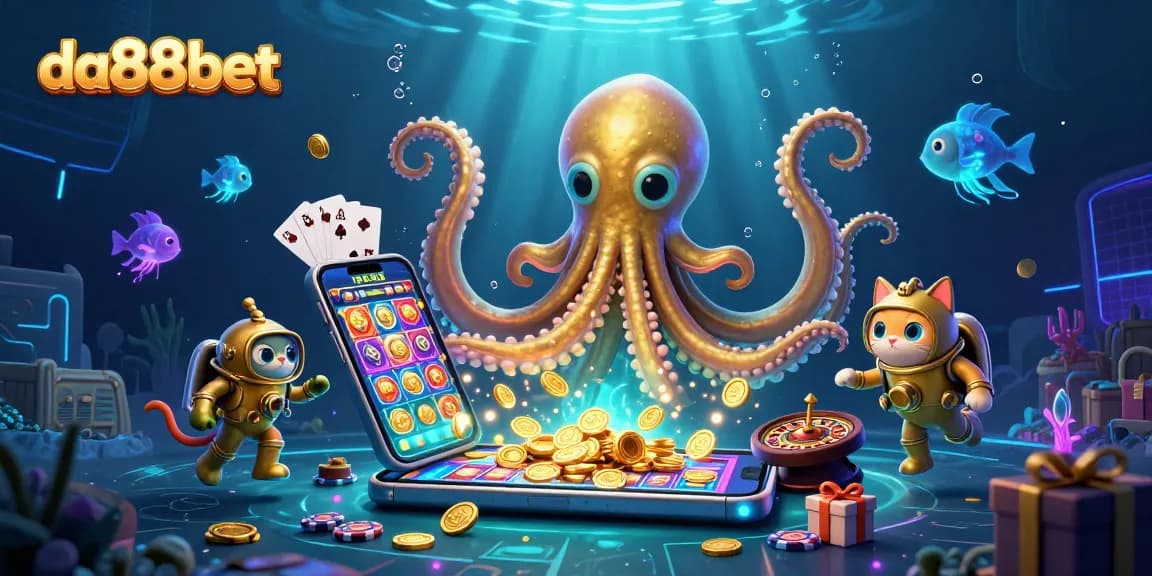 Engage with da88bet's thrilling gambling scene featuring a kraken, diving cat, and vibrant games.
